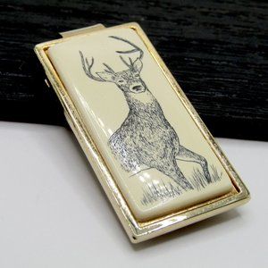Vintage Scrimshaw Bone Money Clip Carved Deer Hunting Hunter Gift for Him